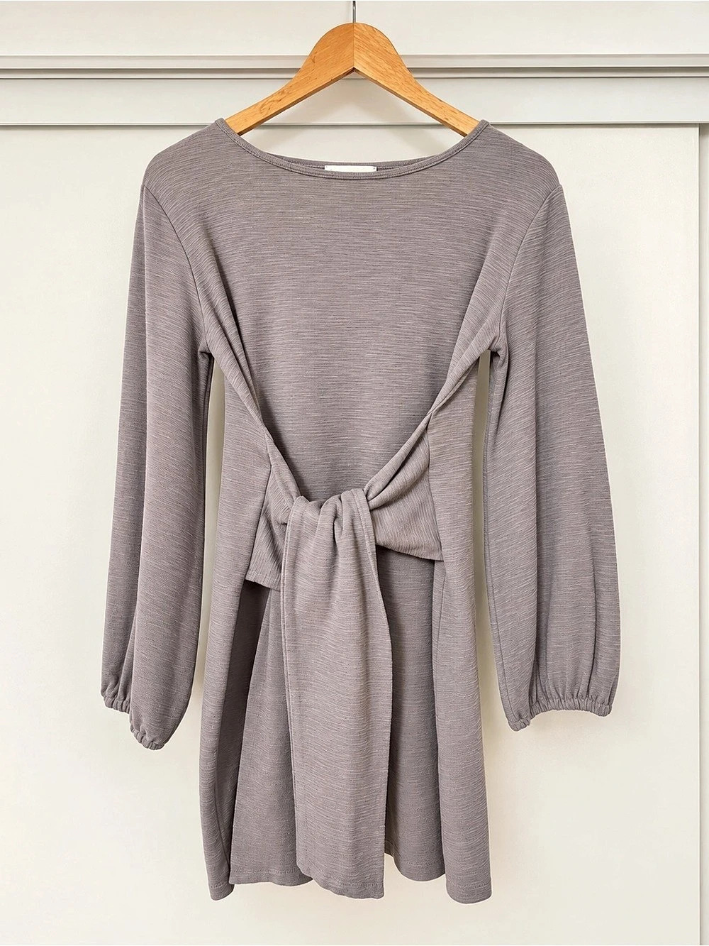 Tie Waist Long Sleeve Mini Dress in Gray